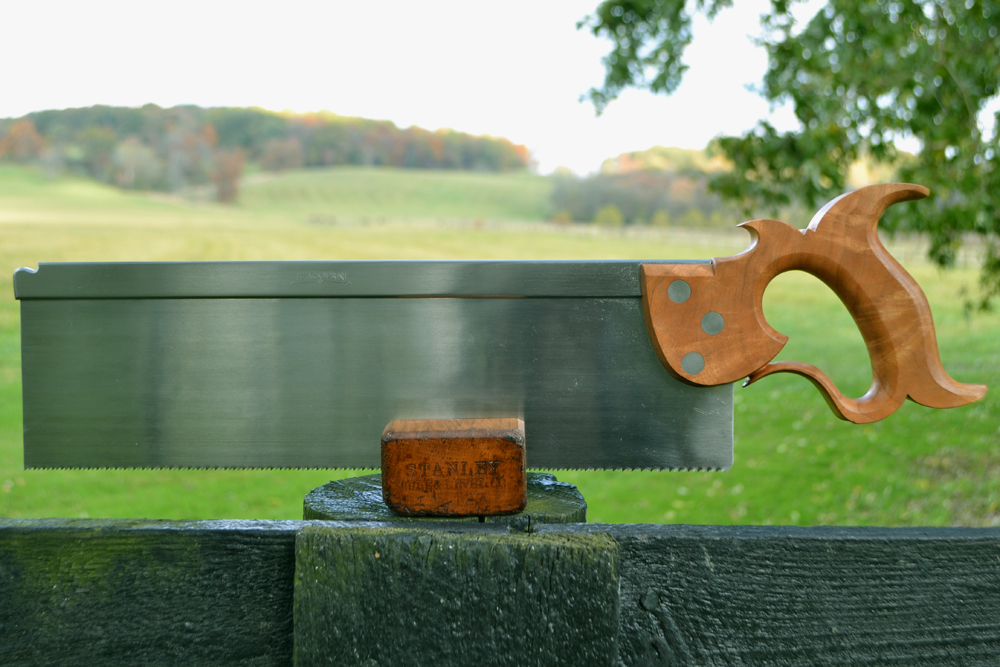 Front view of 14 inch sash saw in cherry crotch